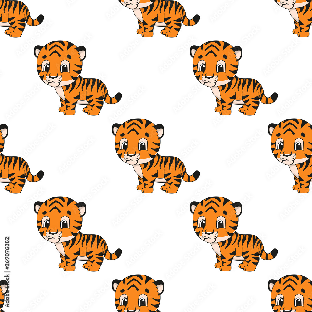 Happy tiger. Colored seamless pattern with cute cartoon character. Simple flat vector illustration isolated on white background. Design wallpaper, fabric, wrapping paper, covers, websites. Happy tiger. Colored seamless pattern with cute cartoon character. Simple flat vector illustration isolated on white background. Design wallpaper, fabric, wrapping paper, covers, websites.
