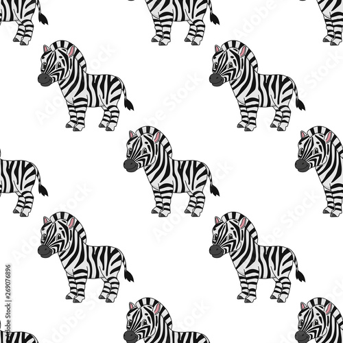Happy zebra. Colored seamless pattern with cute cartoon character. Simple flat vector illustration isolated on white background. Design wallpaper  fabric  wrapping paper  covers  websites.