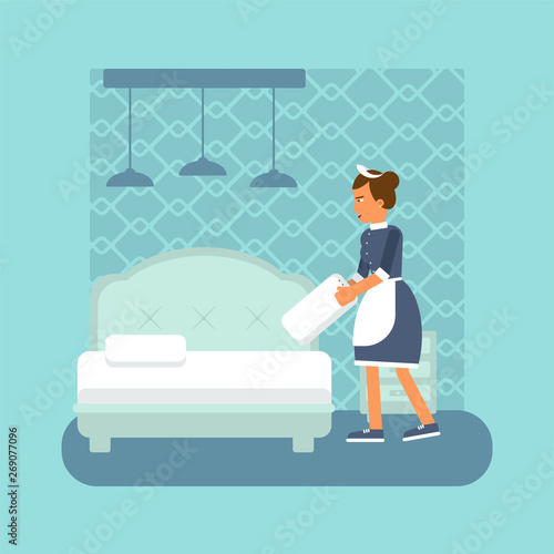 Chambermaid makes bed flat vector illustration