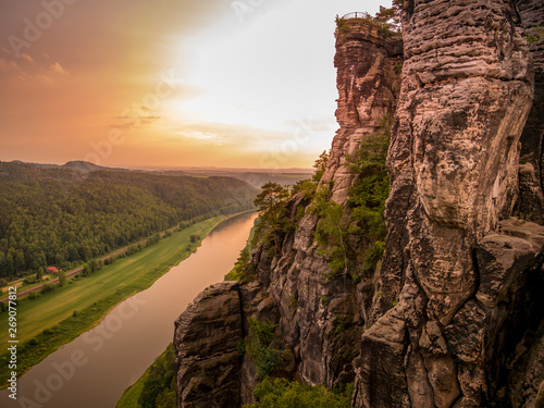Image of sunset at the sandstone mountains in the saxon switzerland in germany