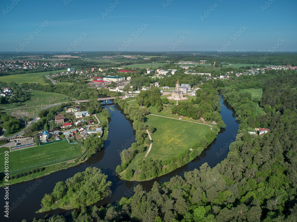 Aerial panorama view of the Church of the Sign of the Blessed Virgin Mary in Dubrovitsy, Moscow region.
