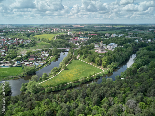 Aerial panorama view of the Church of the Sign of the Blessed Virgin Mary in Dubrovitsy, Moscow region. © Сергей Детюков