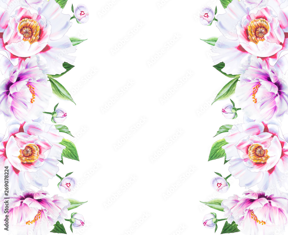 Obraz premium Beautiful white peony frame. Bouquet of flowers. Floral print. Marker drawing. Watercolor painting. Wedding and birthday composition. Greeting card. Flower painted background. Hand drawn illustration.