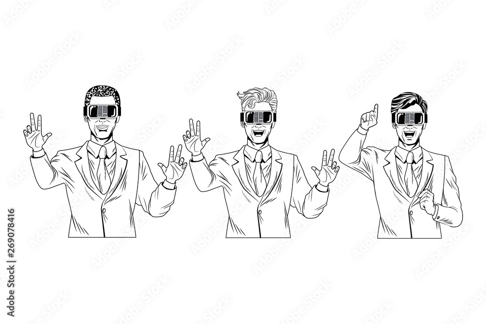 men with virtual reality headset black and white men with virtual reality headset black and white