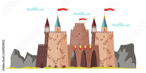 Middle age castle flat vector illustration isolated on white background
