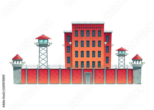 Prison, jail building fenced with guard observation posts on high fence with strained barbed wire and searchlights projectors on watchtowers cartoon vector illustration isolated on white background