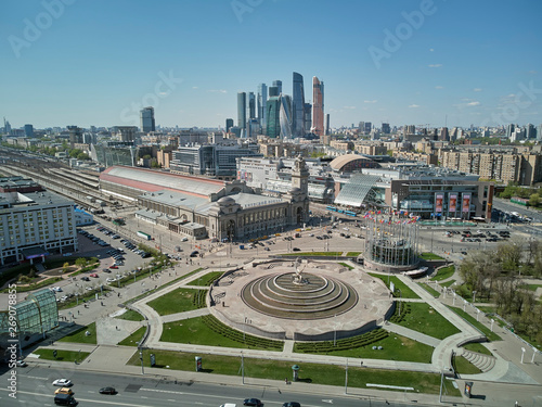 Russia,Moscow,Moscow Kiyevsky railway station-May 2019 - aerial panoramic view of Moscow Kiyevsky railway station