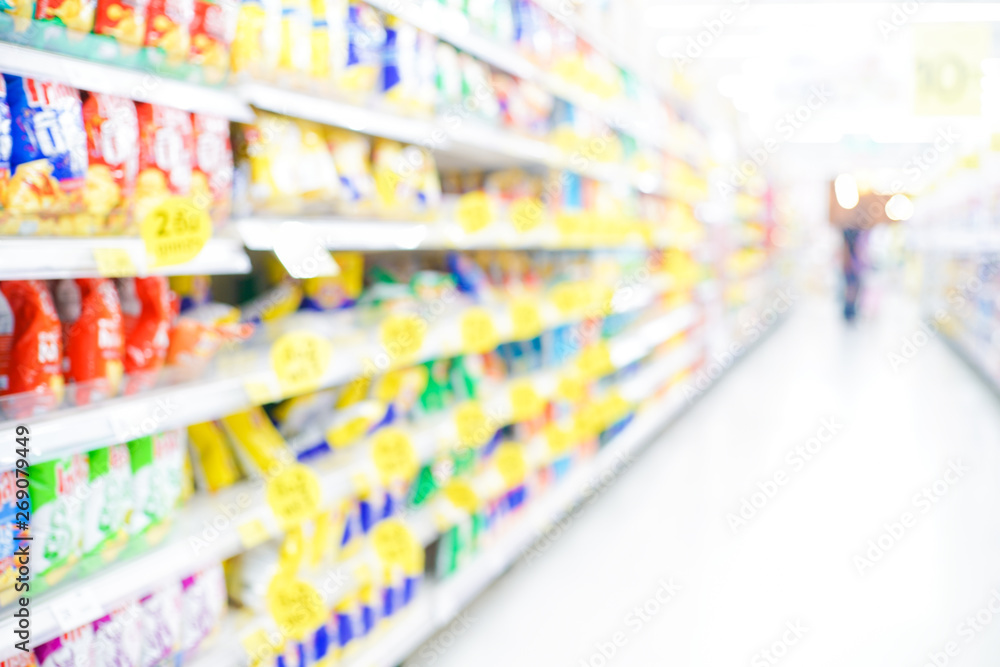 Blurred supermarket with various product on shelf row