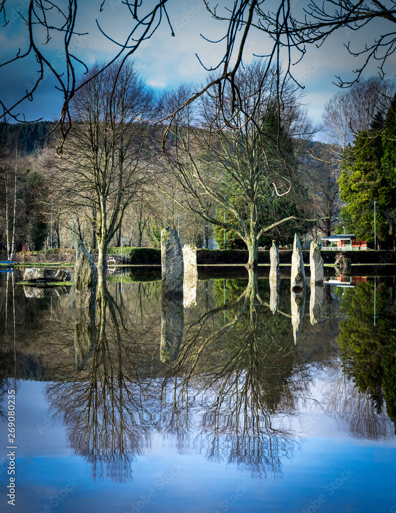 Obraz premium Standing Stones Reflected in Flooded Field Wales