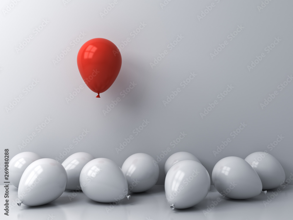 Stand out from the crowd and different concepts One red balloon floating above other white balloons on white wall background with window reflections and shadows 3D rendering - obrazy, fototapety, plakaty 