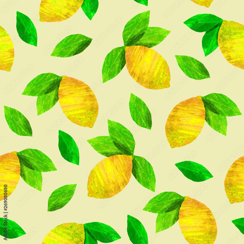 Seamless pattern with lemons. Tropical abstract background. Lemons on yellow background. Hand drawn illustration