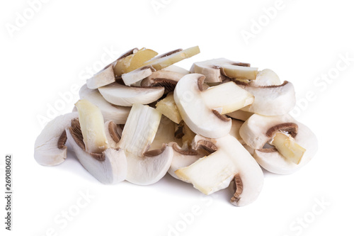 Hill of peeled and sliced white champignons