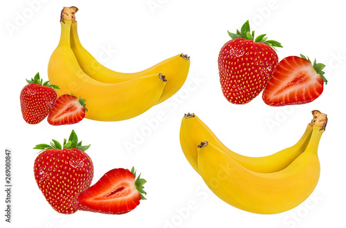 Fototapeta Naklejka Na Ścianę i Meble -  Fresh bananas  and strawberries isolated on white background with clipping path