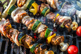 SKEWER MEAT AND VEGETABLE. SMOKED GRILL FOOD. GARDEN PARTY