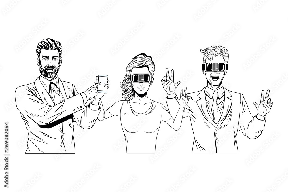 group of people with virtual reality headset black and white group of people with virtual reality headset black and white