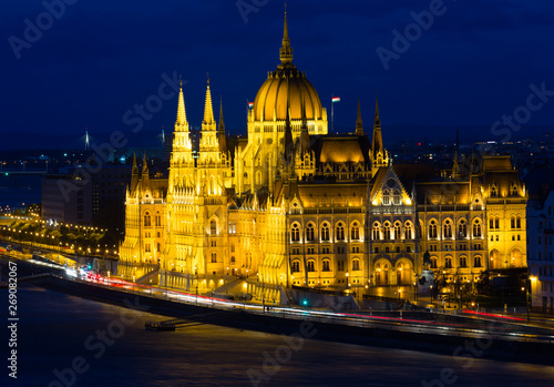 Image of building of Parliament in night illumination of Budapest of Hungary