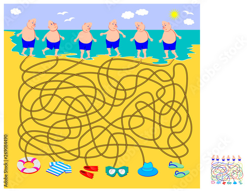 Logic puzzle game with labyrinth for children. What things everybody has lost on the beach? Help every swimmer find his stuff. Draw the way. Printable worksheet for brainteaser book. Vector image.