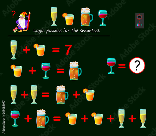 Mathematical logic puzzle game for smartest. Solve examples and count which of numbers corresponds to each of drink. Printable page for brainteaser book. Developing spatial thinking. Vector image.