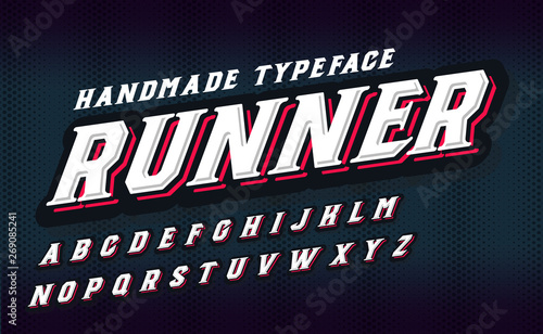 Runner. Futuristic font. Cyber punk style. Red color. Serif handmade font. 3D typeface with shadow effect.