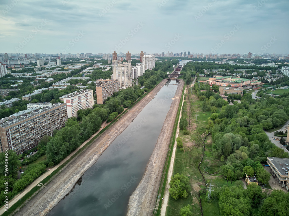 Russia, Moscow, May 2019 - Repairing of Sluice number 8 on the chanel Moscow-Volga, aerial drone view