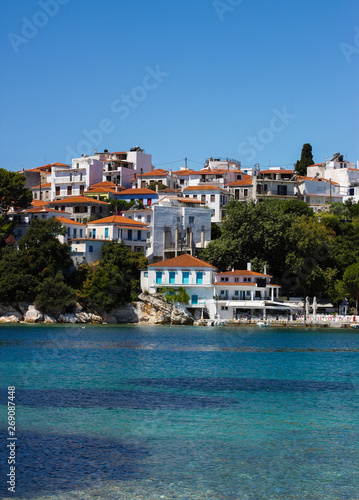 View of typical white houses of Skiathos town in Skiathos island, Aegean sea, Sporades, Greece © андрей горбунов