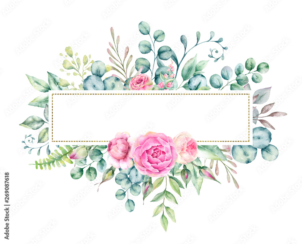 Watercolor hand painted frame with tropical green leaves and flowers. Frame for wedding invitations, save the date or greeting cards..
