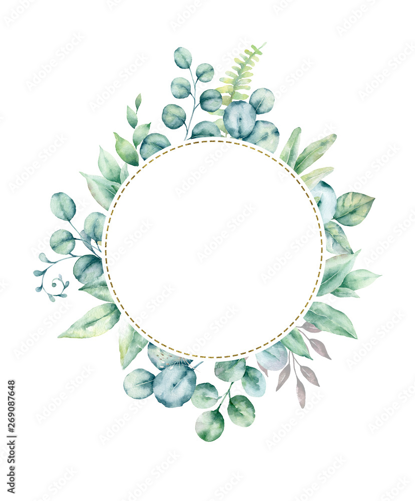 .Watercolor hand painted frame with tropical green leaves and flowers ...