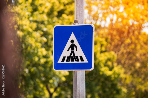 Traffic sign pedestrian crossing on a green background of a public garden. photo