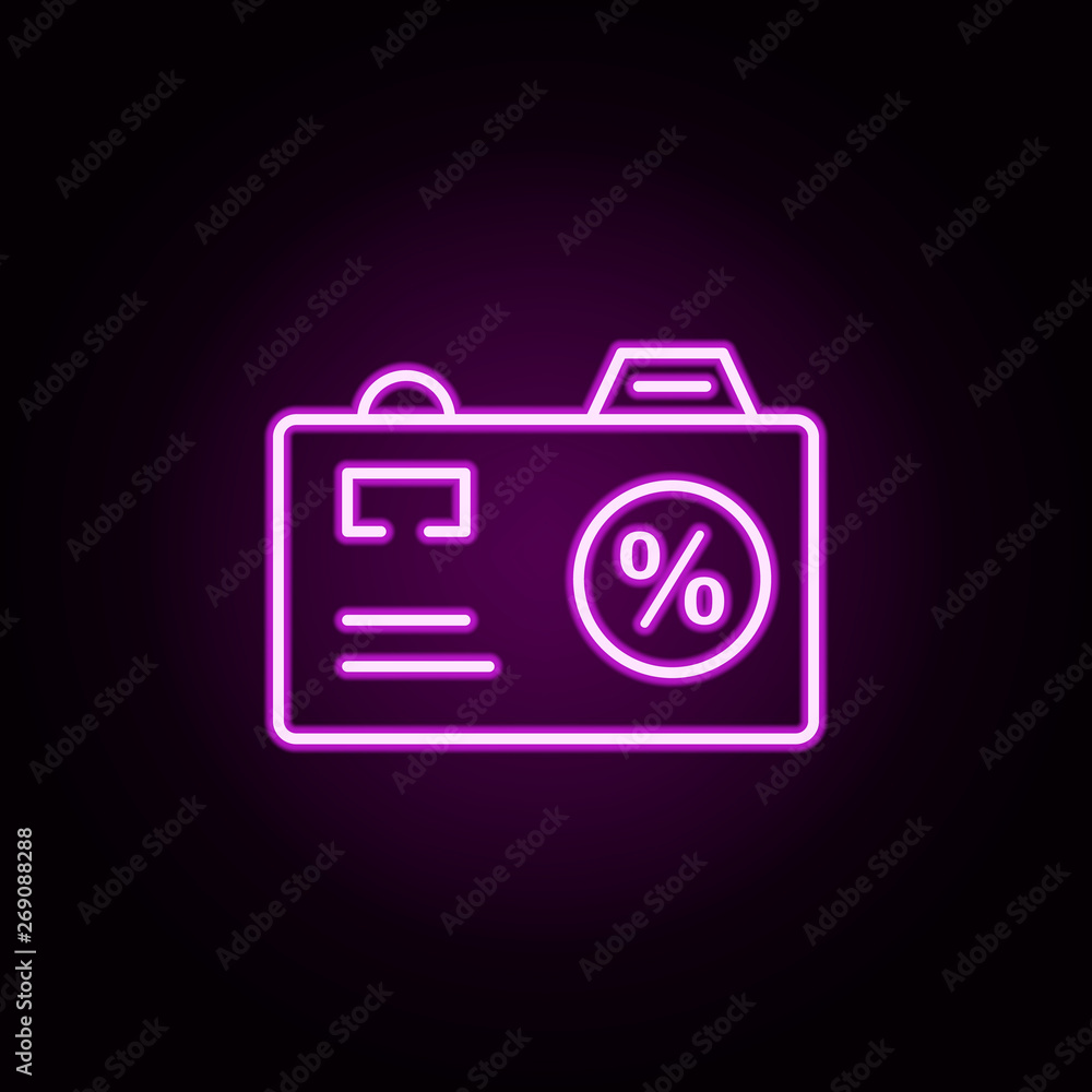 camera discount neon icon. Elements of cyber monday set. Simple icon for websites, web design, mobile app, info graphics camera discount neon icon. Elements of cyber monday set. Simple icon for websites, web design, mobile app, info graphics