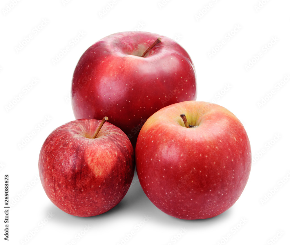 Big, middle and small fresh red apples isolated on white background. Different sized apples.
