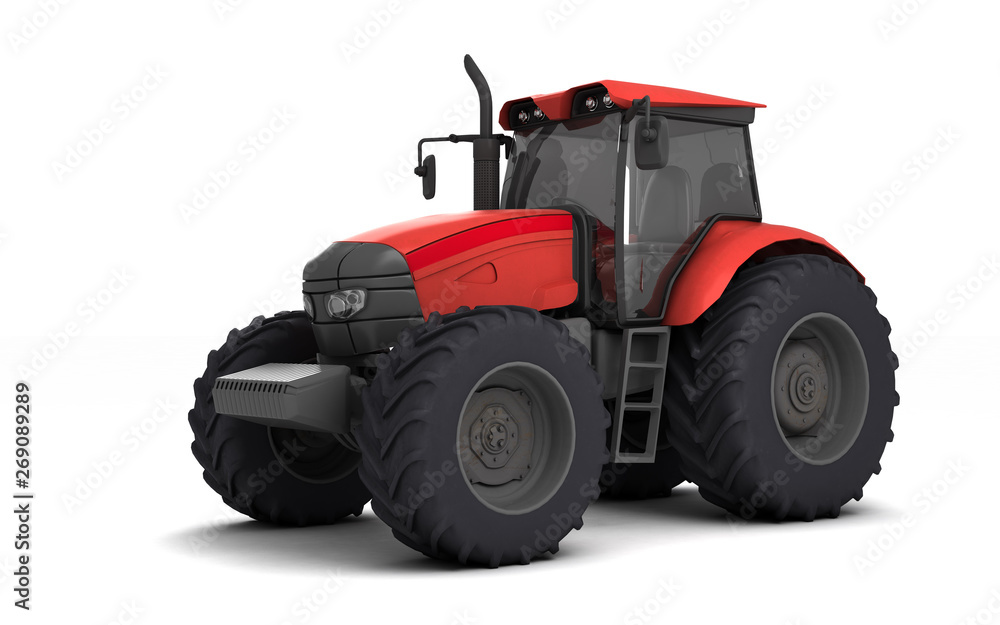Red agricultural wheel tracktor isolated on white background. Front side view. Perspective. Left side. Eye level. 3D render. Red agricultural wheel tracktor isolated on white background. Front side view. Perspective. Left side. Eye level. 3D render.