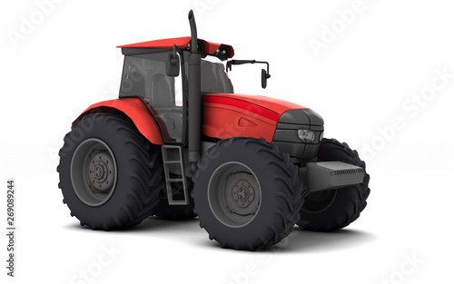 Red agricultural wheel tracktor isolated on white background. Front side view. Perspective. Eye level. 3D render.