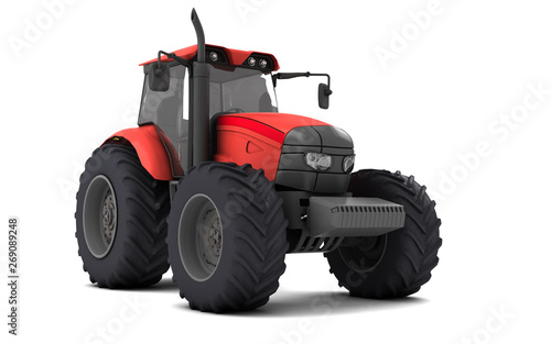 Red agricultural wheel tracktor isolated on white background. Front side view. Perspective. Low angle. 3D render.