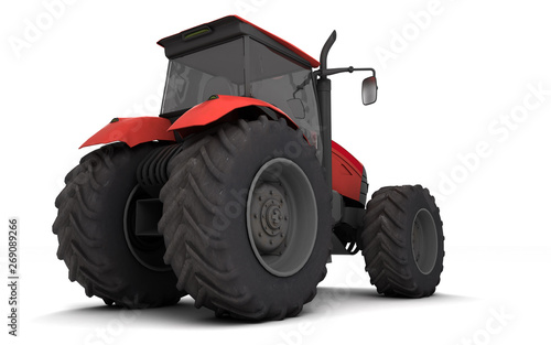 Red agricultural wheel tracktor isolated on white background. Rear side view. Perspective. Right side. Low angle view. 3D render.