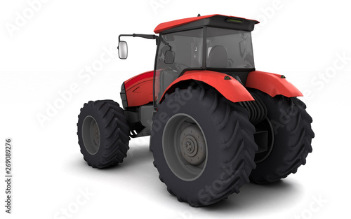 Red agricultural wheel tracktor isolated on white background. Rear side view. Perspective. Left side. High angle view. 3D render.