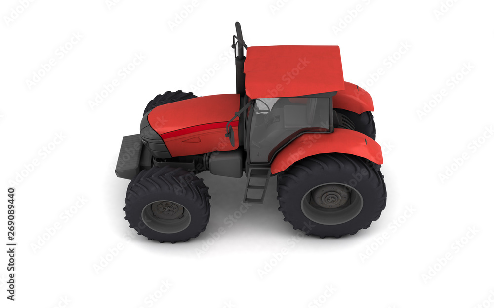 Isometric view on red agricultural wheel tracktor isolated on white background. Side view. Left side. High angle view. 3D render. Isometric view on red agricultural wheel tracktor isolated on white background. Side view. Left side. High angle view. 3D render.