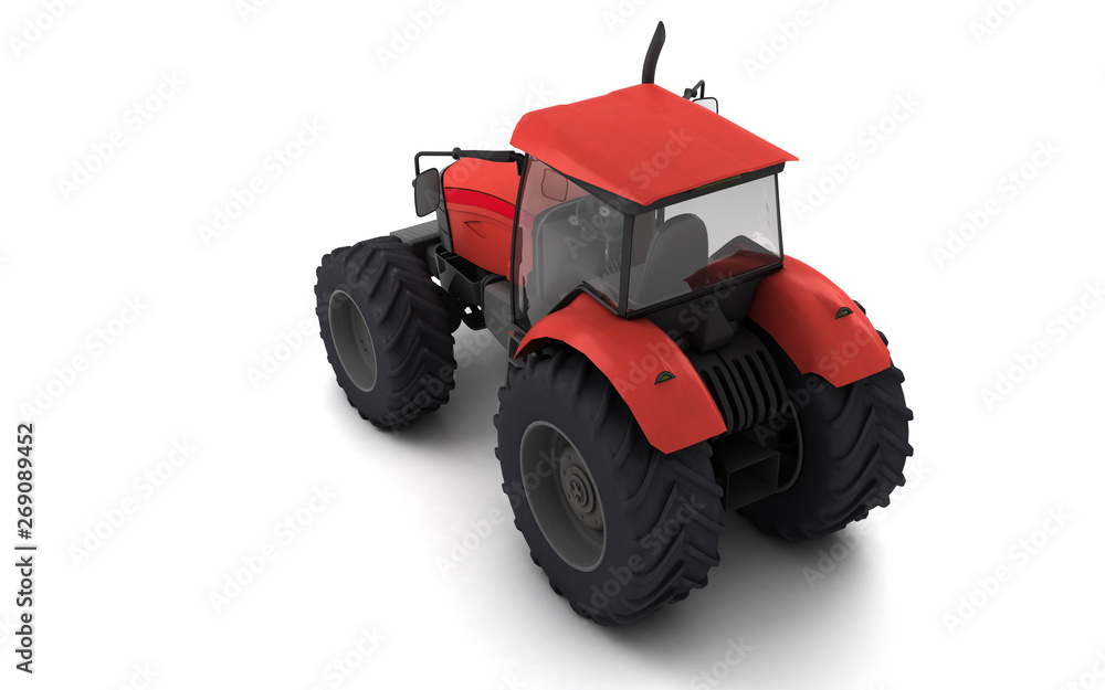 Obraz premium Isometric view on red agricultural wheel tracktor isolated on white background. Rear side view. Perspective. Left side. High angle view. 3D render.
