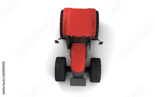 Isometric view on red agricultural wheel tracktor isolated on white background. Top view. Directly above. Front view. High angle view. 3D render.