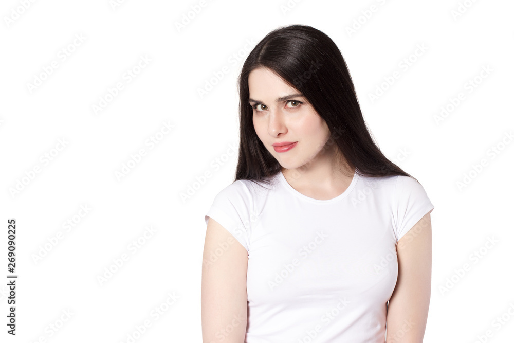 Fototapeta premium Attractive emotional young woman with a white t-shirt isolated
