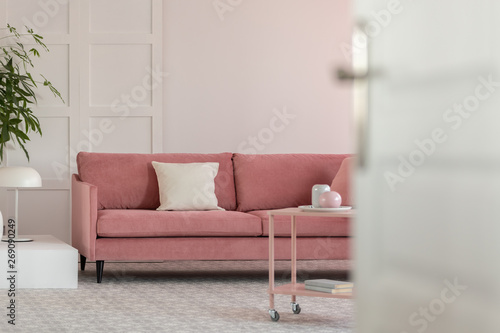 Open door to fashionable living room with white wall and pastel pink settee