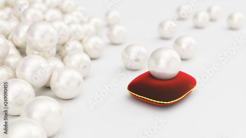 3d illustration of a pearl on a soft red velvet pillow with a gold stroke. Beautiful pearl  expensive jewelry for women. Background of pearls.