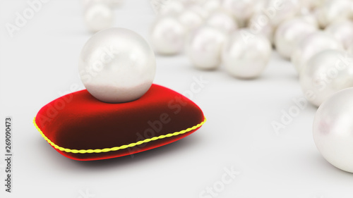 3d rendering of a pearl on a soft red velvet pillow with a gold stroke. Beautiful pearl  expensive jewelry for women. Background of the plurality of beautiful pearls  Beautiful shiny sea pearl