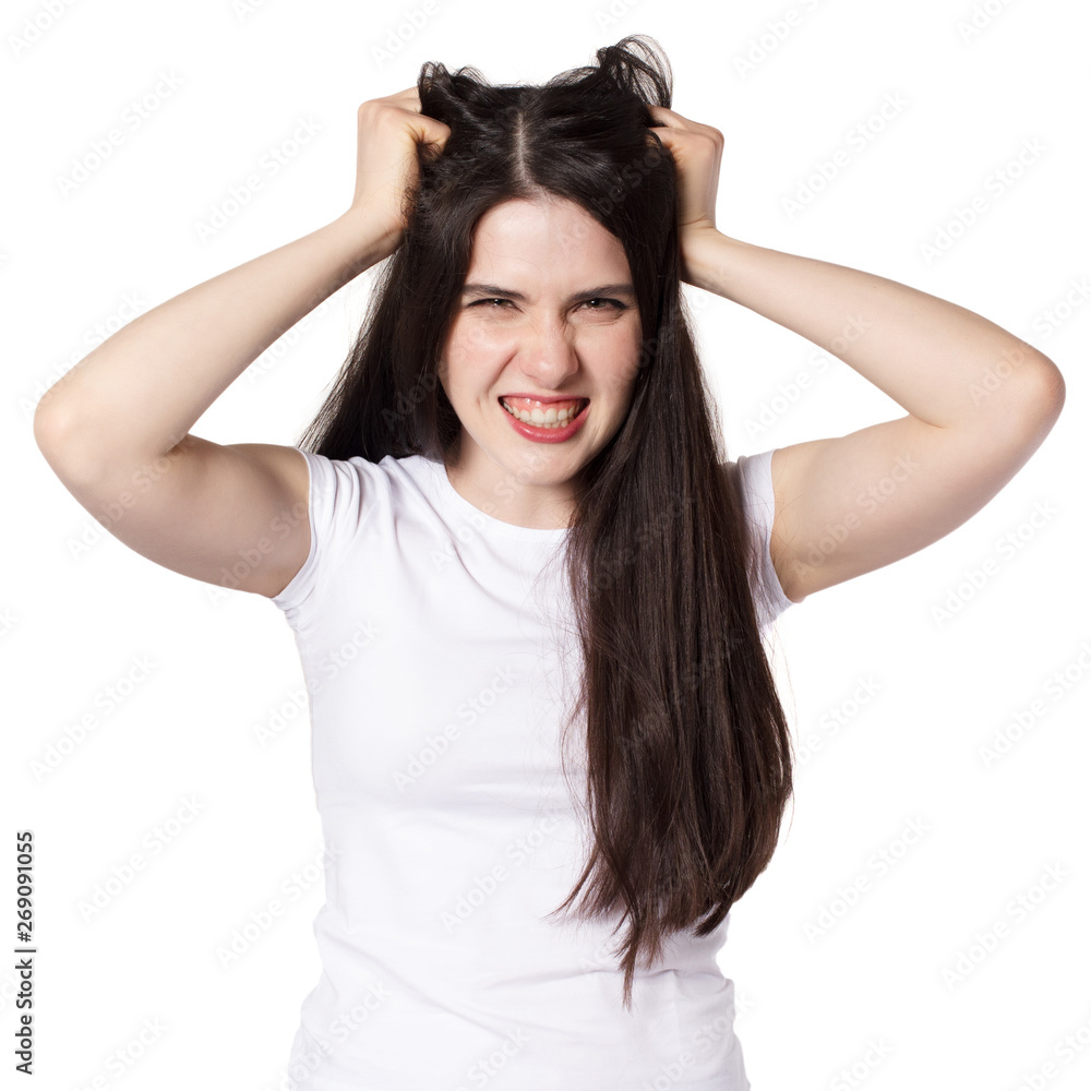 Attractive emotional young woman with a white t-shirt isolated Attractive emotional young woman with a white t-shirt isolated