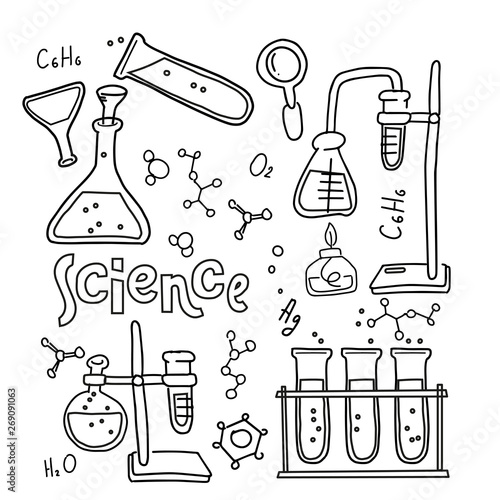 Set of laboratory equipment in black and white outlined doodle style. Hand drawn childish chemistry and science icons set. Elements, formulas, test-tube. Lettering quote Science. Reactions research