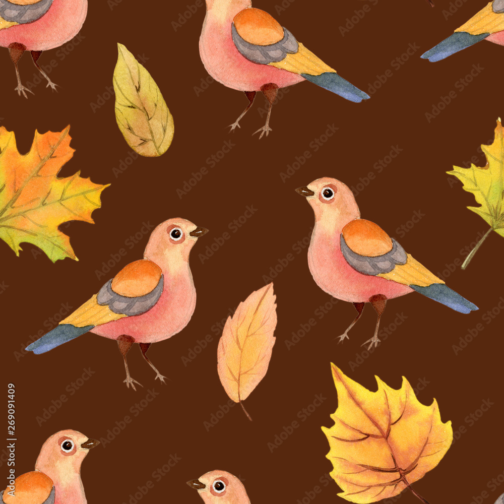 Watercolor autumn (fall) birds and leaves seamless pattern Watercolor autumn (fall) birds and leaves seamless pattern