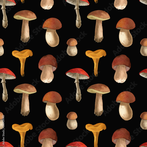Watercolor autumn mushrooms seamless pattern 