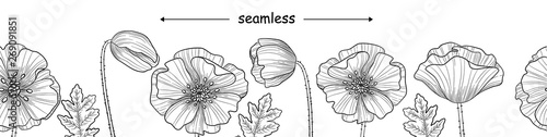 Seamless black and white long banner pattern of poppies or poppy flower for your design  vector illustration