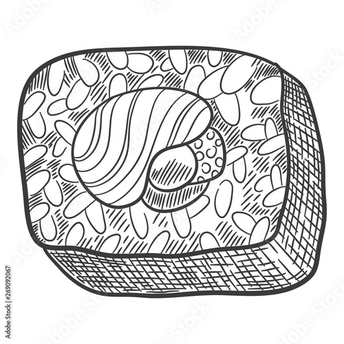 Sushi Rolls with caviar of red fish, with salmon, nigiri with shrimp. Traditional japanese food. Soy sauce, ginger, wasabi, chopsticks, plate.