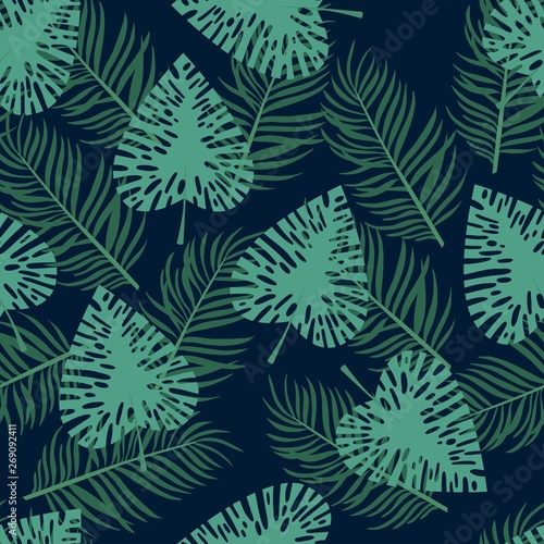 Tropical palm, monstera, fern leaves blue tone and bird of paradise flowers on the black background. Seamless vector pattern illustration