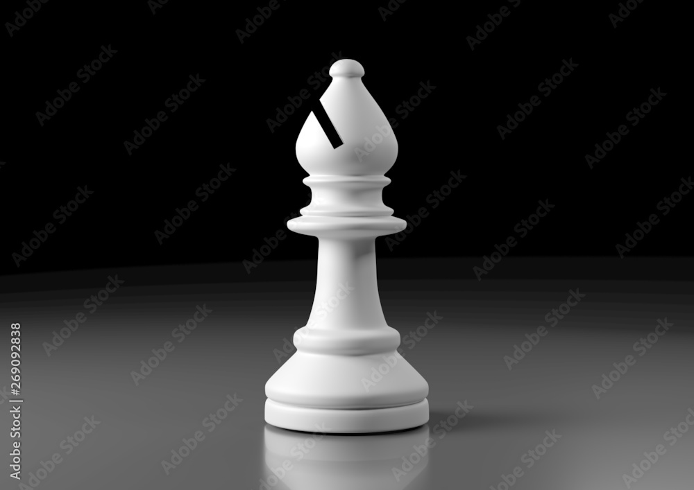 White bishop chess, standing against black background. Elephant сhess game figurine. leader success business concept. Chess pieces. Board games. Strategy games. 3d illustration, 3d rendering - obrazy, fototapety, plakaty 